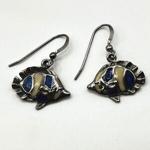 Kabana Sterling Silver Tropical Angelfish Blue Inlay Drop Earrings French Wire